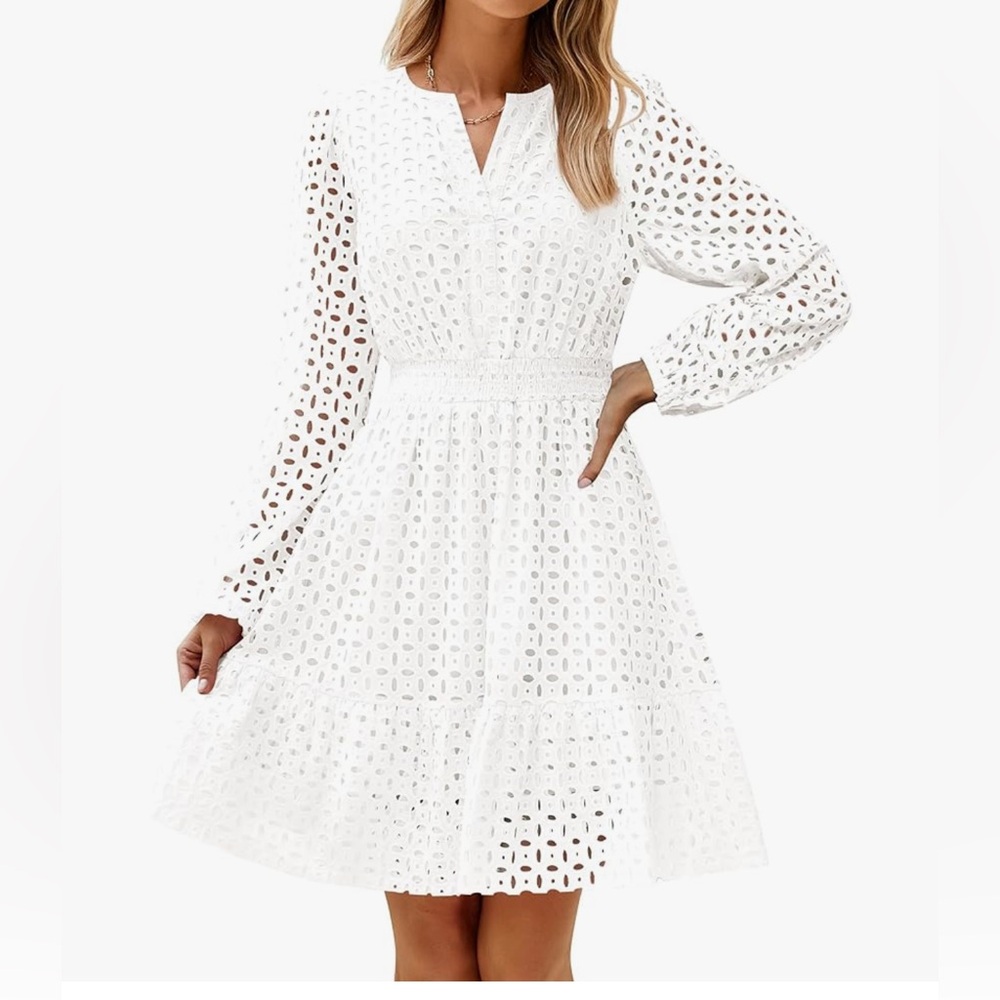 ZESICA Women's 2025 Long Sleeve Mini Dress with Eyelet Embroidery